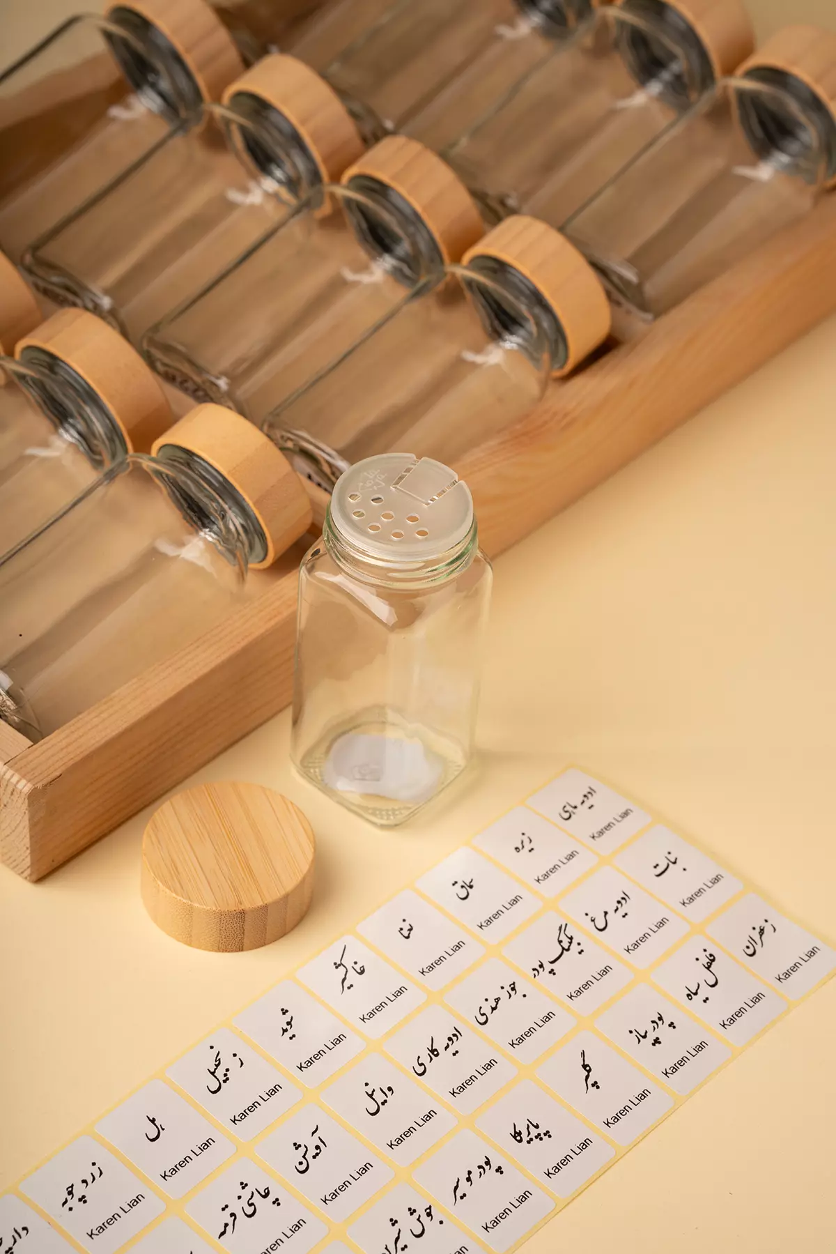 ست ۱۲ عددی مکارتی درب بامبو دوکاره پایه چوبی کشو