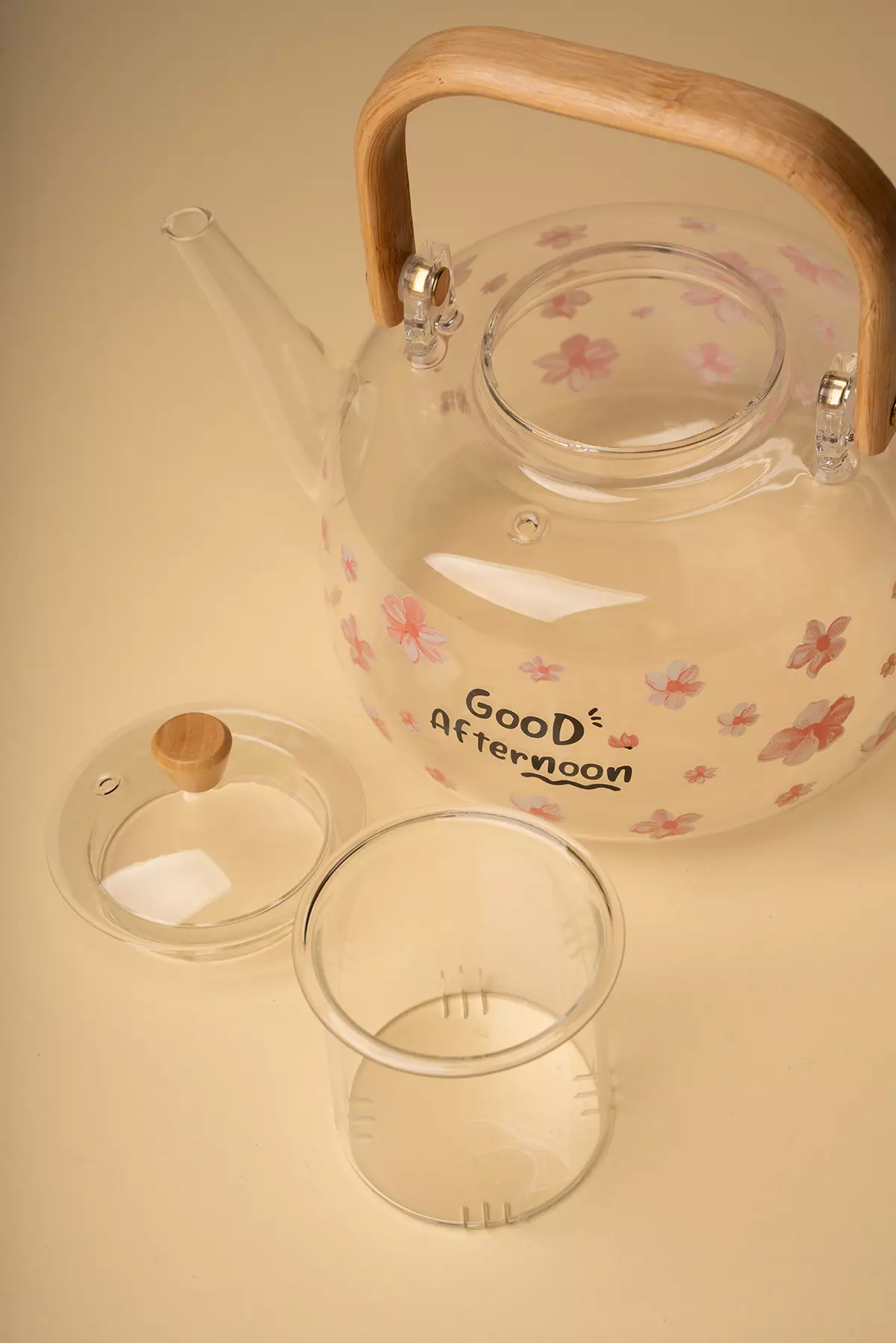 قوری پیرکس دسته بامبو گلدار