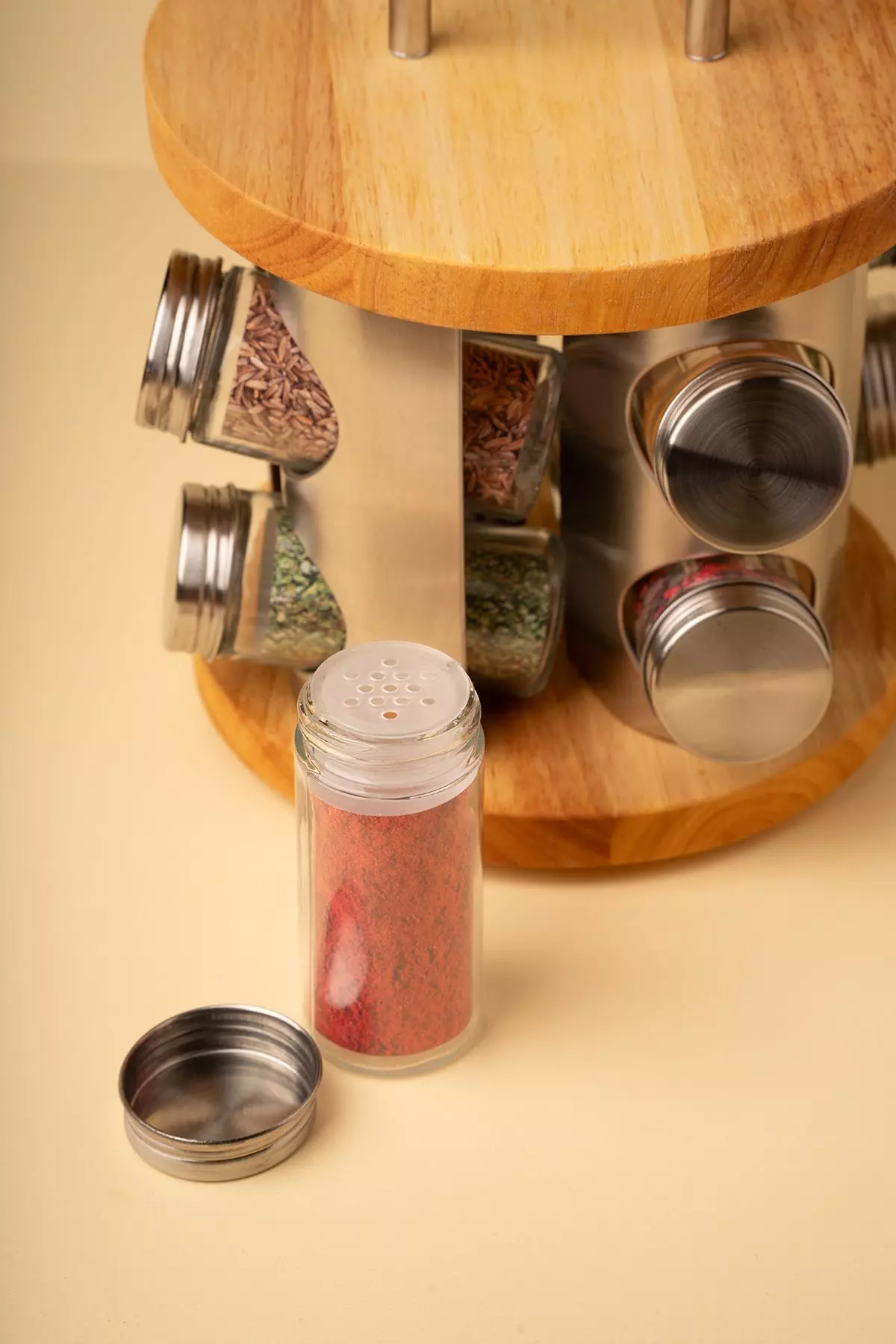 جا ادویه گردان چوب و استیل لیمون